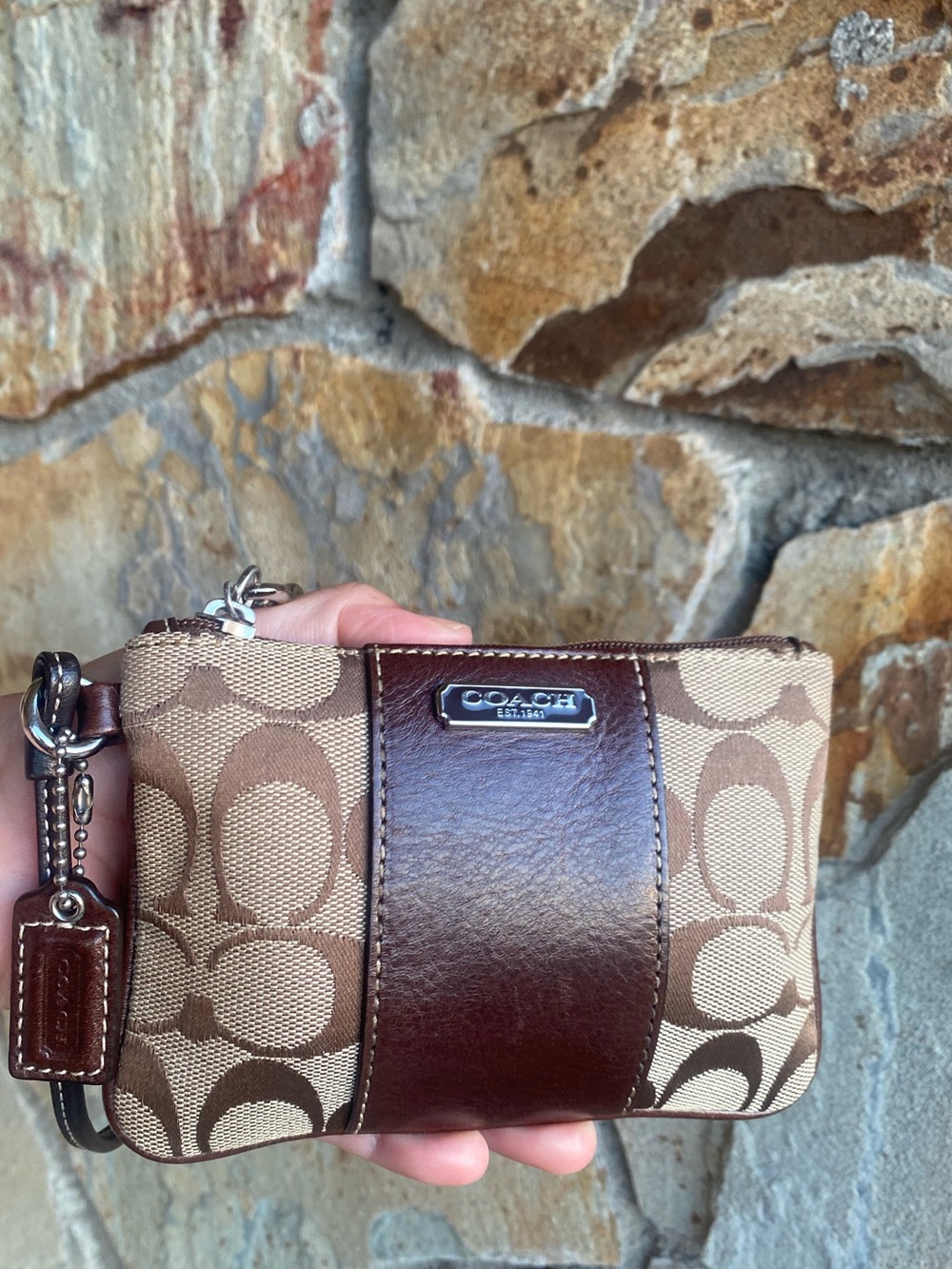 Coach Brown Signature Canvas Wristlet with Dark Brown Leather Trim